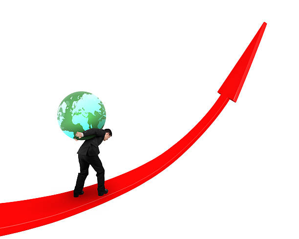 istock Man carrying globe upward on red trend line 629592302