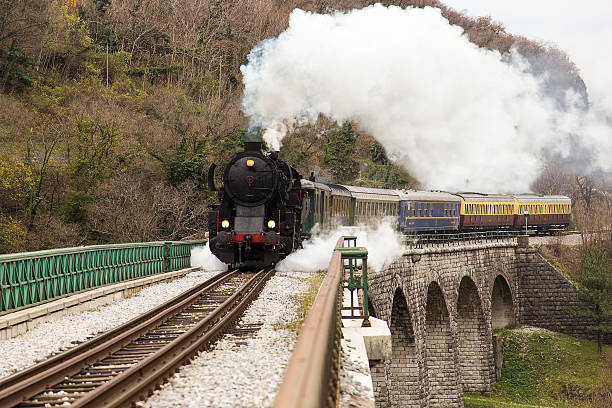 Old Steam Train on old Stone Bridge over Soca River Old Steam Train of black color with passenger cars is crossing old stone bridge in Solkan, Slovenia over the river Soca. Steam locomotive is driving quickly and leaving a black smoke and vapour from chimney and vapour to the wheels. nova gorica stock pictures, royalty-free photos & images