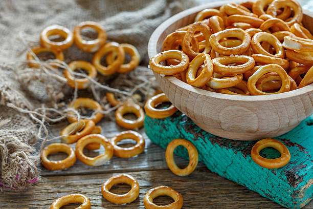 istock Bagels with salt in a wooden bowl. 629593042