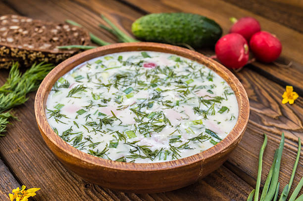 Cold soup okroshka. wooden background