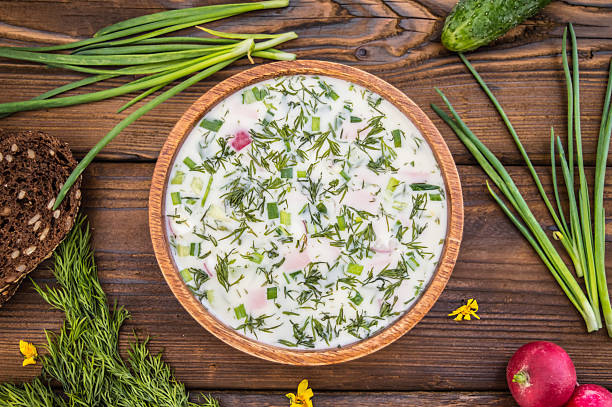 istock Cold soup okroshka. wooden background 629593458