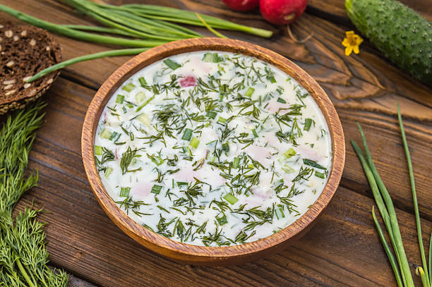 istock Cold soup okroshka. wooden background 629593554