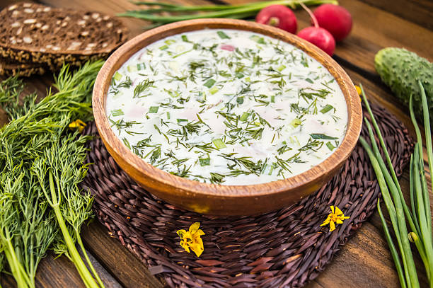 istock Cold soup okroshka. wooden background 629593680