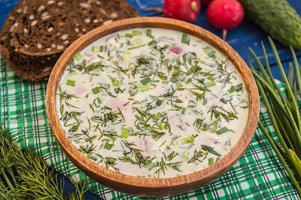 istock Cold soup okroshka. wooden background 629593806