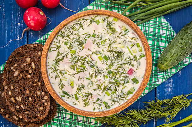 istock Cold soup okroshka. wooden background 629599832