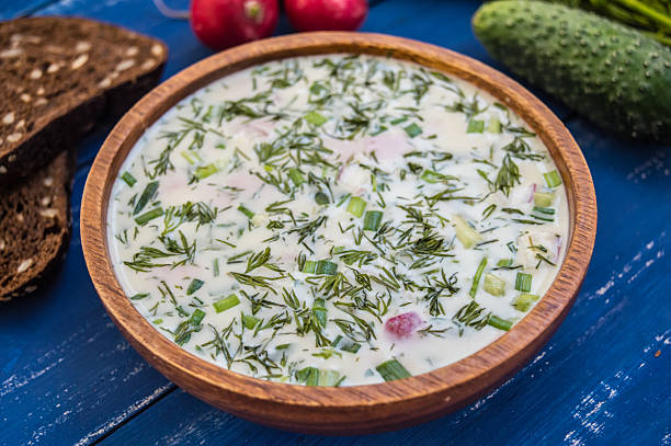 istock Cold soup okroshka. wooden background 629599956