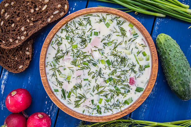 istock Cold soup okroshka. wooden background 629600106
