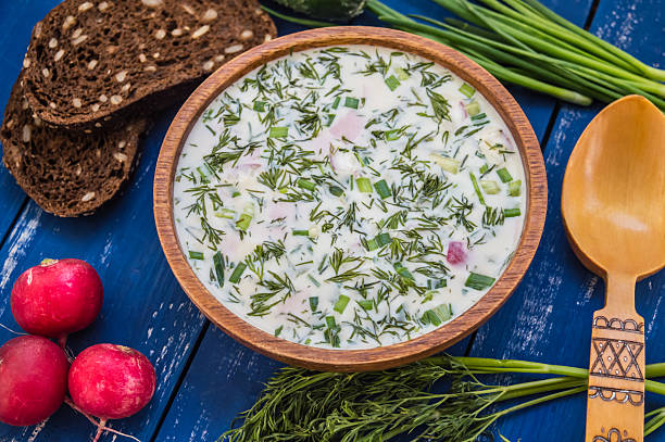 istock Cold soup okroshka. wooden background 629600338