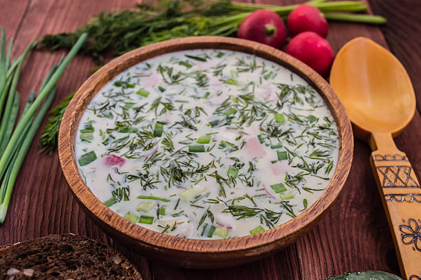 istock Cold soup okroshka. wooden background 629600466