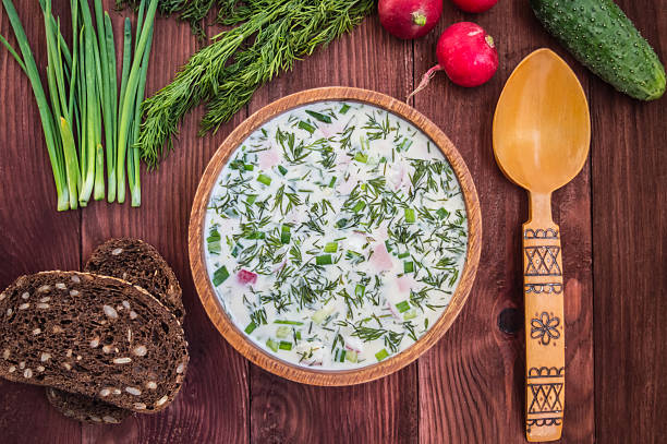 istock Cold soup okroshka. wooden background 629600576