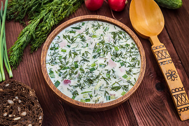 istock Cold soup okroshka. wooden background 629600696