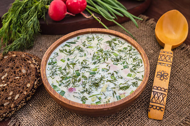 istock Cold soup okroshka. wooden background 629600814