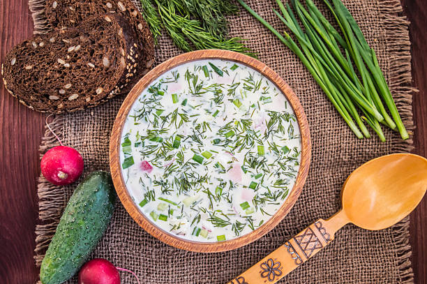 istock Cold soup okroshka. wooden background 629600940