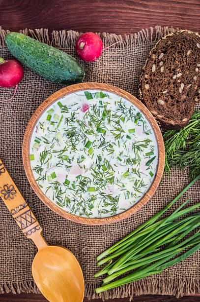 istock Cold soup okroshka. wooden background 629601032