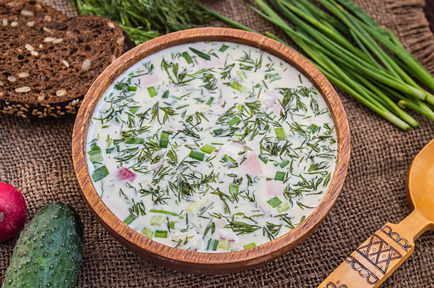 istock Cold soup okroshka. wooden background 629601134