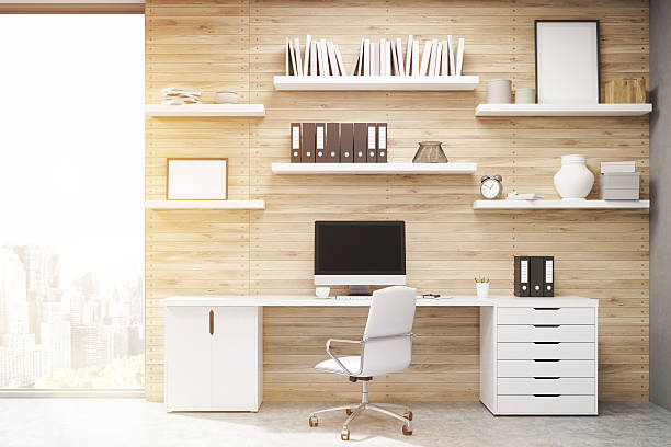 istock Home office with light wood panels, toned 629602486