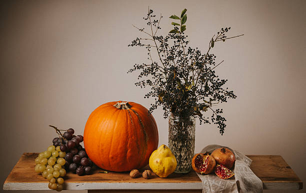 istock Retro fall still life with fruits and vegetables 629611182