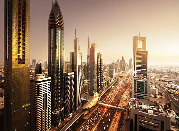 istock Dubai skyline in sunset time, United Arab Emirates 629611712