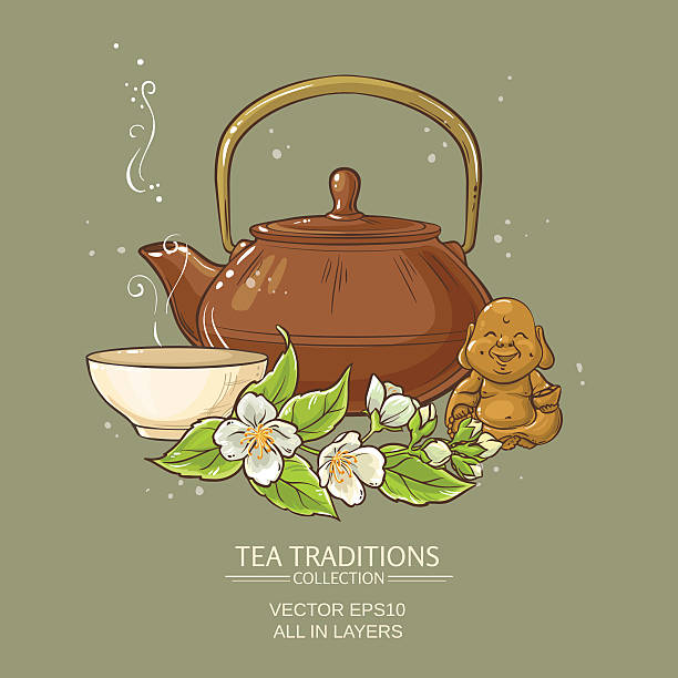 illustrazioni stock, clip art, cartoni animati e icone di tendenza di illustrazione vettoriale tè al gelsomino - tea cup tea green tea chinese tea