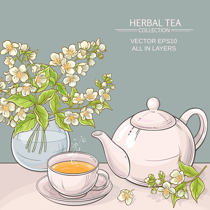 Illustration with cup of tea with teapot and jasmine flowers