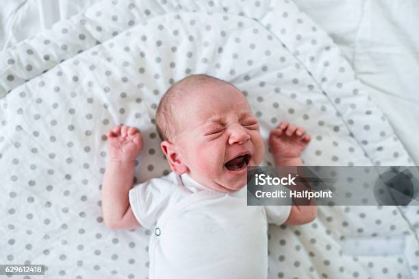 Newborn Baby Boy Lying On Bed Crying Close Up Stock Photo - Download Image Now - Baby - Human Age, Crying, Shouting
