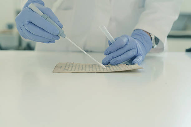 istock Testing the surface of the paper with protective gloves 629612706