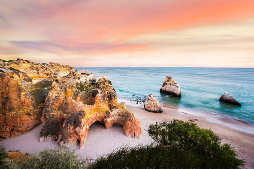 Sunset viewed from above Praia Dos Tres Irmaos near Portima