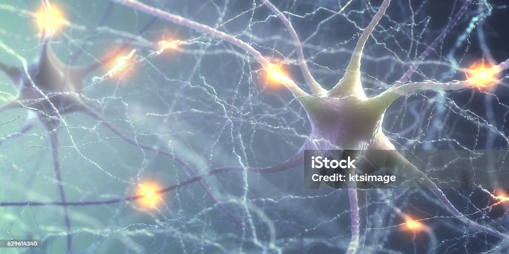 Neurons Electric Pulse 3D illustration of Interconnected neurons with electrical pulses. Nerve Cell Stock Photo