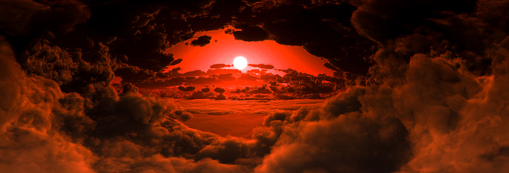 Digitally generated inside the clouds panoramic view (sunset).