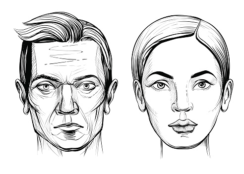 Man and woman, hand drawn portrait. Male and female face, line sketched. Hand drawn black and white illustration.