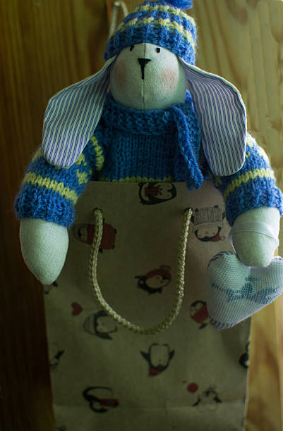 istock Textile rabbit. in knitted sweater, hat, jeans, in gift bag 629623046