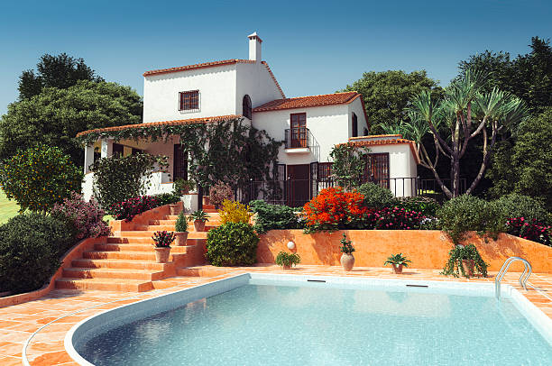 luxury mediterranean style villa - swimming pool luxury mansion holiday villa imagens e fotografias de stock