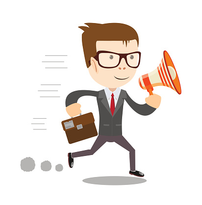 Boss, businessman or manager.A man in a suit shouting through a loudspeaker. Illustration, vector .