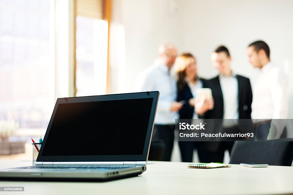 Workplace Workplace. Laptop on desk in office Desk Stock Photo