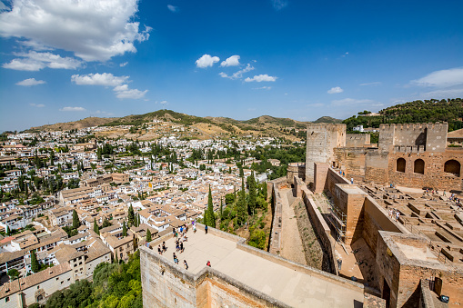 Granada, Spain - August 30, 2016: View of the Panoramic view of Alcazaba of Alhambra and Albaycin (Albaicin, Albayzín, Albaicín), an old Muslim district of Granada