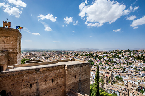 View from the walkway of the Alcazaba of Antequera, one of the main historic city landmarks, a Moorish fortress erected over Roman ruins in the 14th century and surmounted by a Catholic bell tower added in 1582 (6 shots stitched)