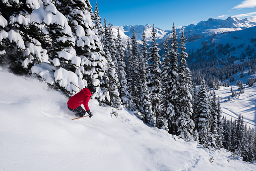 Female skier making a turn in pristine untouched fresh powder on a bluebird day enjoying the freedom, adventure and excitement of skiing in the mountains.  Skiing is a great way to get away from it all allowing you to live in the moment while experiencing nature at its finest.