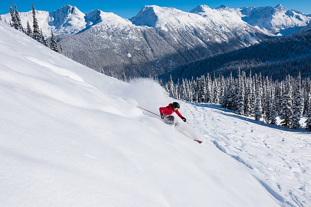 istock Female athlete making a powder turn 629630100