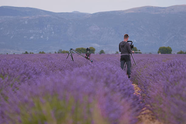 istock Videographer in the lavender field 629639900