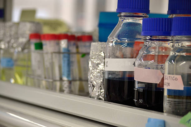 istock Laboratory bottles with colored liquids. 629640372
