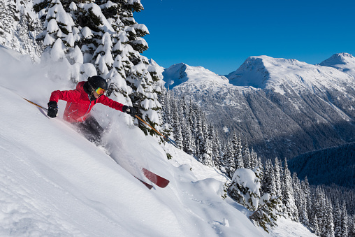 Female skier making a turn in pristine untouched fresh powder on a bluebird day enjoying the freedom, adventure and excitement of skiing in the mountains.  Skiing is a great way to get away from it all allowing you to live in the moment while experiencing nature at its finest.