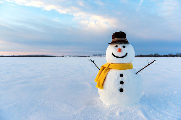 snowman snowman on orange sunset background snowman stock pictures, royalty-free photos & images