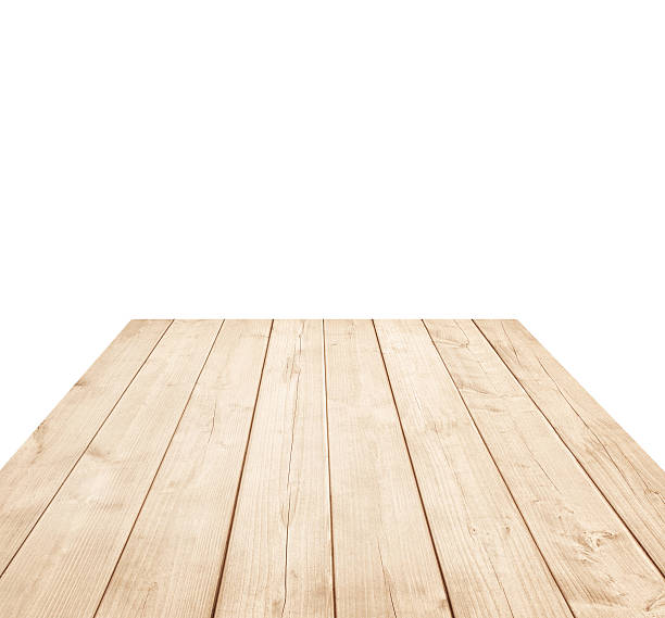 istock Empty brown wooden tabletop, vertical planks on white background 629655000