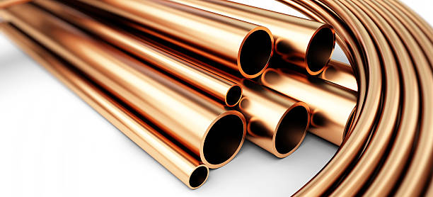 istock Copper metal pipes goods on white background. 3d Illustrations 629655004