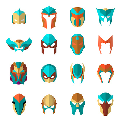 Set of super hero masks in flat style. Big collection