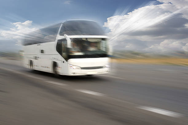 istock Motion blurred image of driving bus 629664318