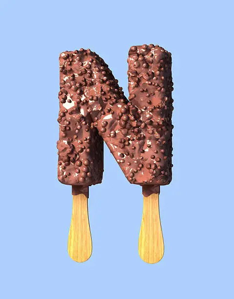 Crispy Chocolate Ice Cream on wooden stick 3d Rendering isolated.