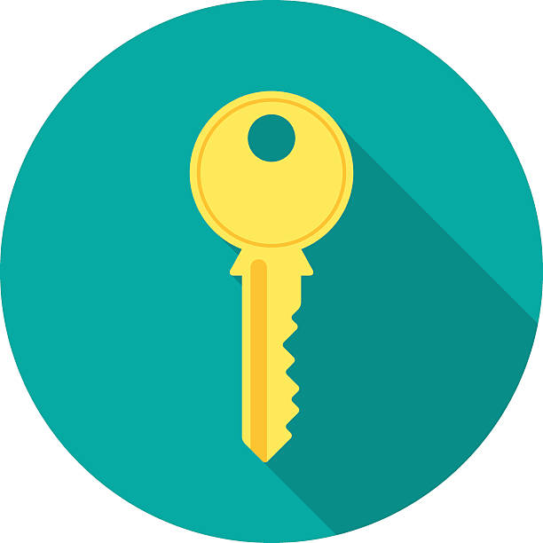 Key icon with long shadow. Key icon with long shadow. Flat design style. Round icon. Key silhouette. Modern flat icon in stylish colors. Web site page and mobile app design element. key stock illustrations