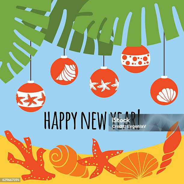 New Year In The Tropics Stock Illustration - Download Image Now - Christmas, Animal Shell, Palm Tree