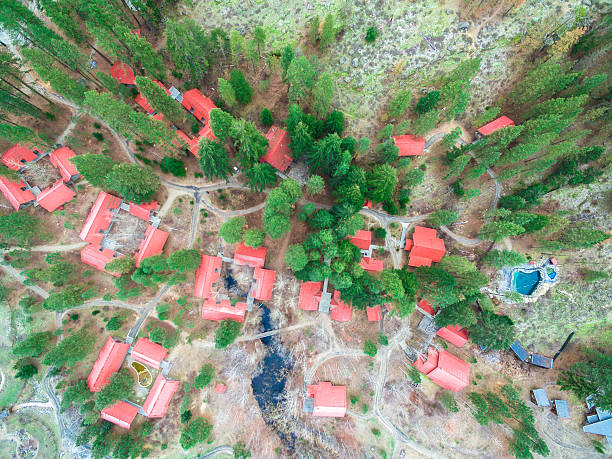 Flying above a beautiful village stock photo